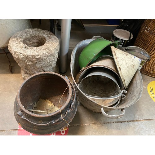 555 - Wicker basket 62H 46cm diameter, galvanised tin bath, large outdoor cooking pot etc