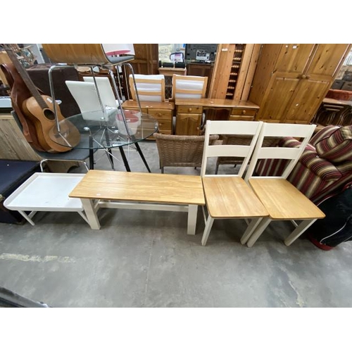 103 - Painted bed tray, pine bench 45H 95W 30D and 2 matching chairs 40W