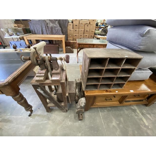 109 - Vintage pigeon holes 43H 54W 28D, vintage workshop sander/buffer (sold as seen) and a vintage vice (... 