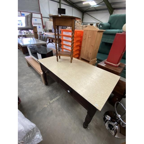 113 - Victorian pine 2 drawer table with a Formica top 74H 138W 72D & demi lune side table 71 x 51 x 28cm