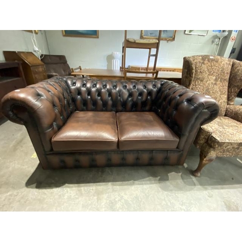 134 - Brown leather button back Chesterfield settee 150W