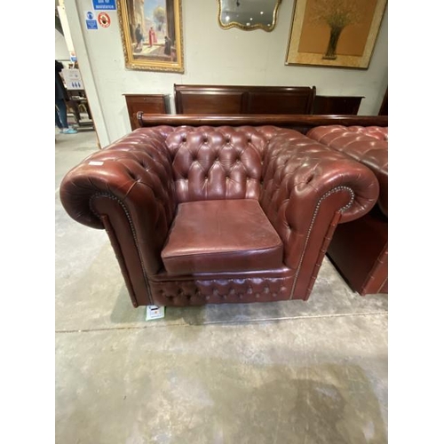 142 - Red leather button back Chesterfield club chair 105W