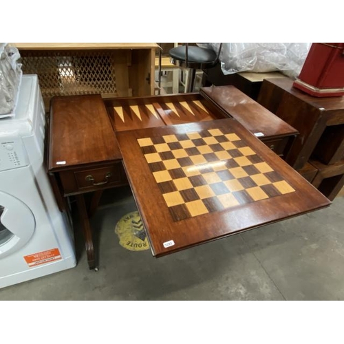 171 - Mahogany “Reprodux” games table with chess board and back gammon board (no chess/back gammon pieces)... 