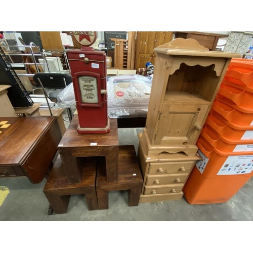 173 - 3 teak occasional tables 39H 38W 46D, pine bedside cupboard 76H 38W 27D and a pine 3 drawer chest 63... 