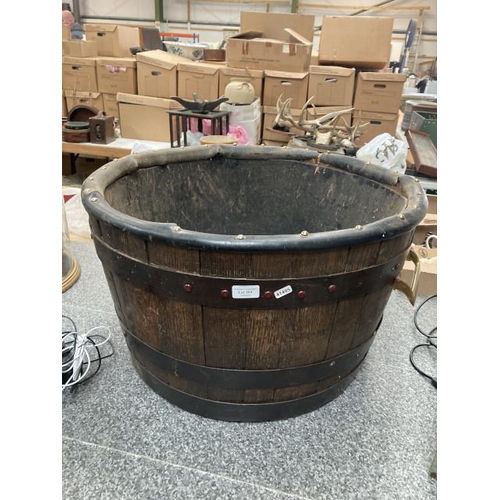 201 - Half barrel planter/ feed trough with brass handles & rubber lining (38cm deep x 66cm diameter)