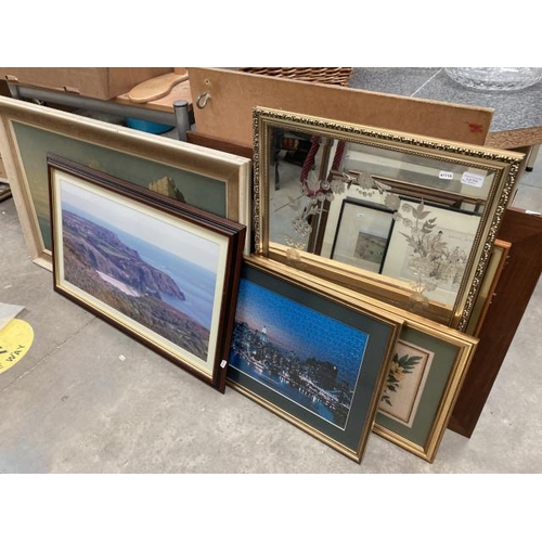 214 - 6 pictures & gilt framed bevel edged mirror 57x83cm