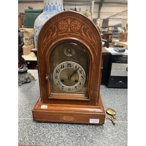 219 - Junghans German mahogany inlaid mantle clock with pendulum & key (44cm H 30cm W 18cm D)