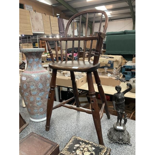 222 - Late 19th century spindle back yew child's high chair (missing foot rest, worm) (Floor to seat 52cm ... 