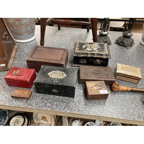 223 - 8 antique jewellery/ card boxes/ cases inc. leather, papier mache, parquetry etc. (some in need of r... 