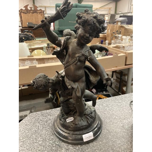 231 - Signed M. Moreau bronze cherub sculpture on granite base (signature to base, approx. 43cm tall)