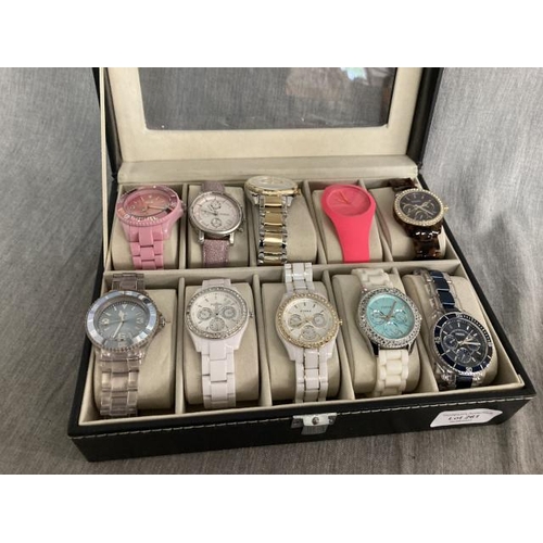 261 - Watch case containing 10 watches inc. 7 Fossil & 3 Ice