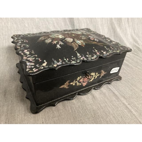 263 - Victorian papier mache & pearl inlaid jewellery box with key (22cm W 17cm D 8.5cm H)