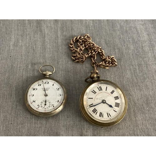 303 - Superior Railway Timekeeper pocket watch with rose gilt pocket watch chain (no hallmarks) & Chronogr... 