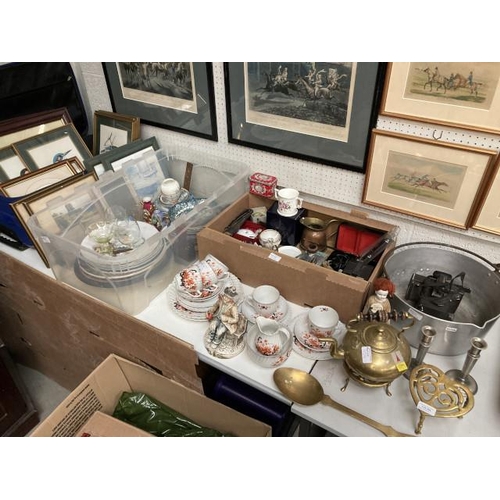 354 - Boxes of collectables including brass kettle & trivet, steel jam pan, copper jug, Royal Crown Derby ... 