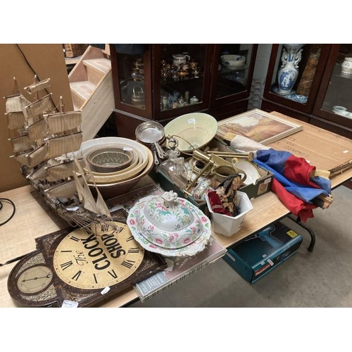 365 - Pancheon, 3 mixing bowls, jelly mould, iron stone lidded tureen, model galleon etc.