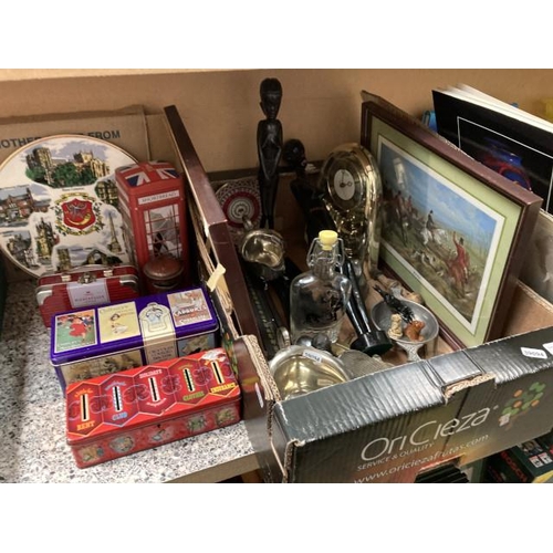 369 - Box of collectables inc. silver plated sauce boat, pocket knife, shot glasses, 2 hunting prints, Afr... 