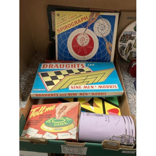 370 - Box of vintage games inc. Draughts, Spirograph, Scrabble for juniors, Tell Me etc.