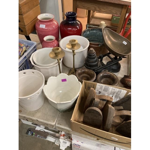 377 - Collection of ceramic  planters, flat irons, cast Salter scales, brass ware etc