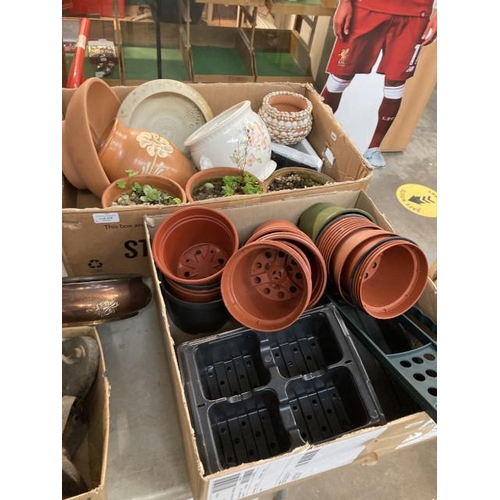 378 - 2 boxes of garden planters, plastic plant pots, cast parasol base, potted  Alpine etc.