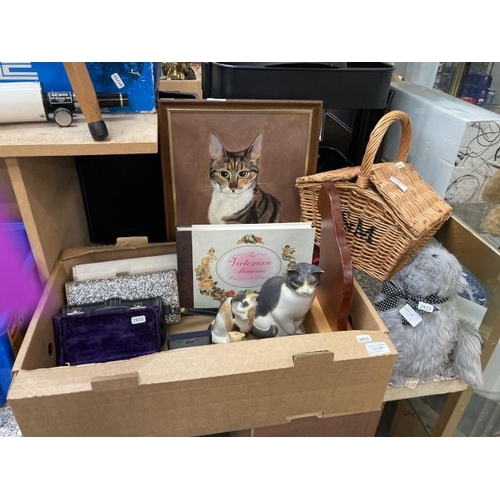 393 - Box of collectables including Moorside design cat figurines, cased balance scales, evening bags, sma... 