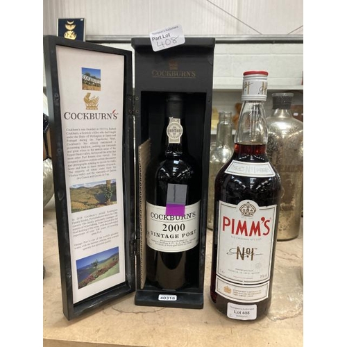 408 - Cased bottle Cockburn's 2000 vintage port & 1 litre bottle Pimms No1