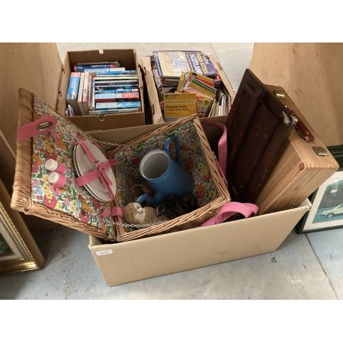 422 - Box containing picnic hamper, artist's easle, wooden photo frame etc