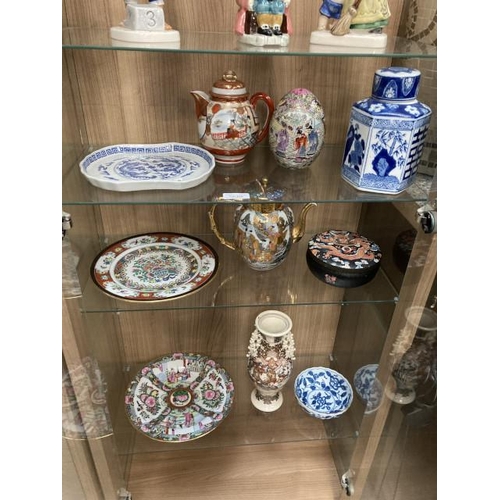 430 - 9 pieces of oriental ceramics & tin inc. teapots, satsuma vase etc.