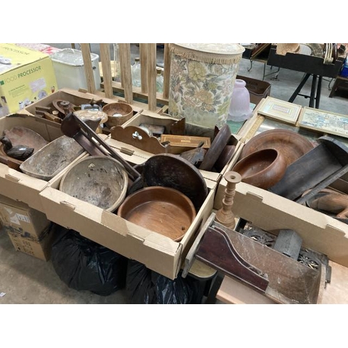 443 - 6 boxes of treen, including bowls, letter rack, glove box, book trough, candle holder etc