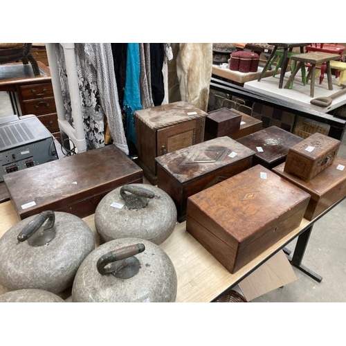 446 - 8 antique boxes & 1 oak cabinet inc. oak, walnut, marquetry, carved etc.