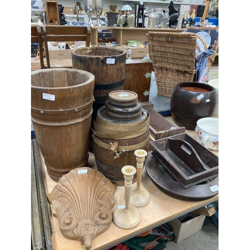 448 - Collection of treen including cutlery box, book trough, wall stoned, etc