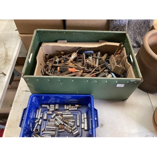 453 - Box of sockets & box of vintage workshop tools, including drill bits, spanners, hand drill, files et... 