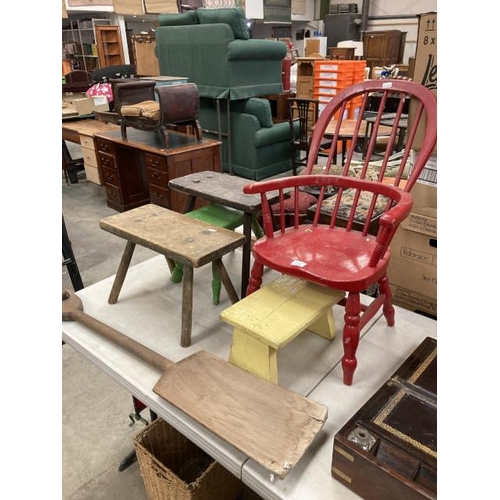 462 - Child's spindle back chair, 4 wooden stools, (signs of worm) etc