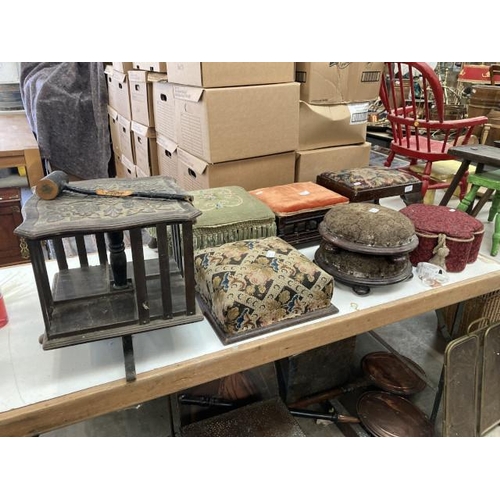 463 - Quantity of footstools including embroidered & revolving bookcase