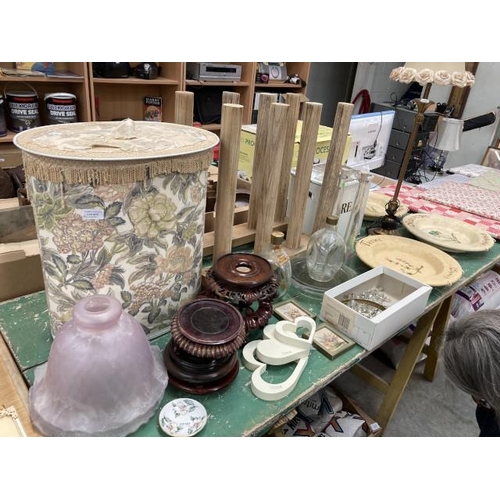 475 - Enamel bread bin, table lamp, glass shades, 2 dimple bottles, ginger jar/vase hardwood stands etc