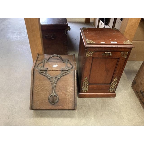 482 - Art Nouveau oak coal scuttle and a mahogany with brass features perdonium