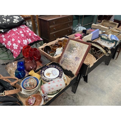 486 - Assorted collectibles including glassware, tankards, brass mirror, photo frames etc