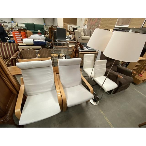 71 - Pair of Ikea Poang beech framed chairs 68W, pair of Ikea Rodd standard lamps and a pair of cream lea... 