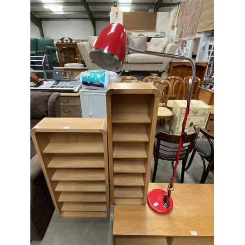 73 - 2 oak bookcases 101H 50W 16D & 101H 30W 16D and a LA Member red reading lamp