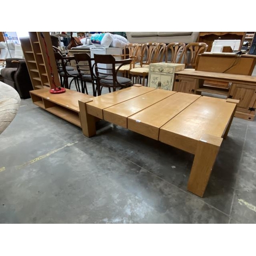 74 - Contemporary oak media stand 26H 130W 45D and a good quality oak coffee table 40H 124W 100D