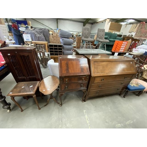 90 - Teak 2 door CD cupboard 106W 45W 22D, mahogany bureau 96H 51W 43D,  Edwardian mahogany bureau 97H 10... 