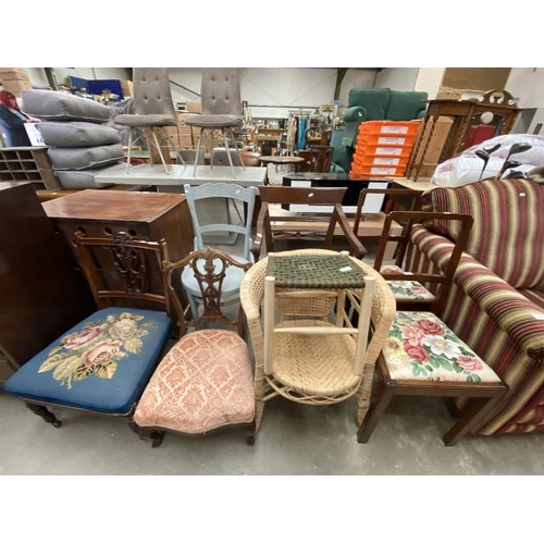 91 - 7 assorted chairs and 1 stool including a rattan bedroom chair