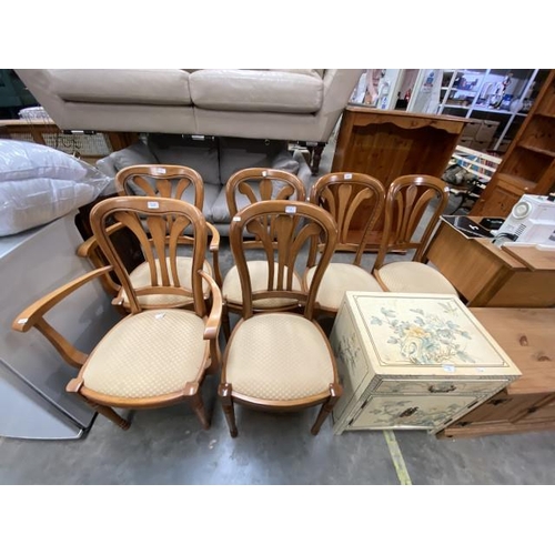 99 - 6 oak dining chairs including 2 carvers and a Chinese style cabinet 61H 51W 38D