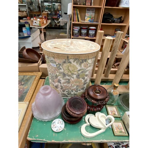 475 - Enamel bread bin, table lamp, glass shades, 2 dimple bottles, ginger jar/vase hardwood stands etc