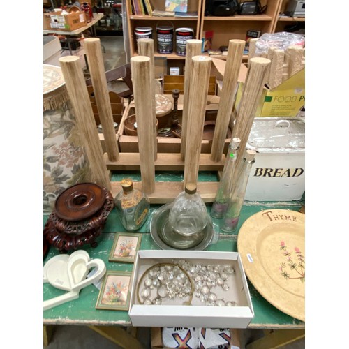 475 - Enamel bread bin, table lamp, glass shades, 2 dimple bottles, ginger jar/vase hardwood stands etc