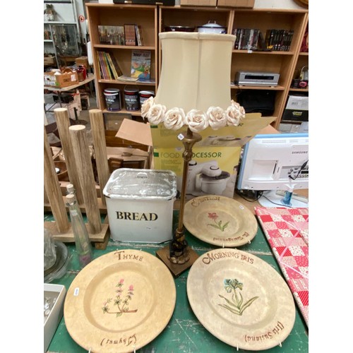 475 - Enamel bread bin, table lamp, glass shades, 2 dimple bottles, ginger jar/vase hardwood stands etc