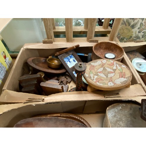 443 - 6 boxes of treen, including bowls, letter rack, glove box, book trough, candle holder etc