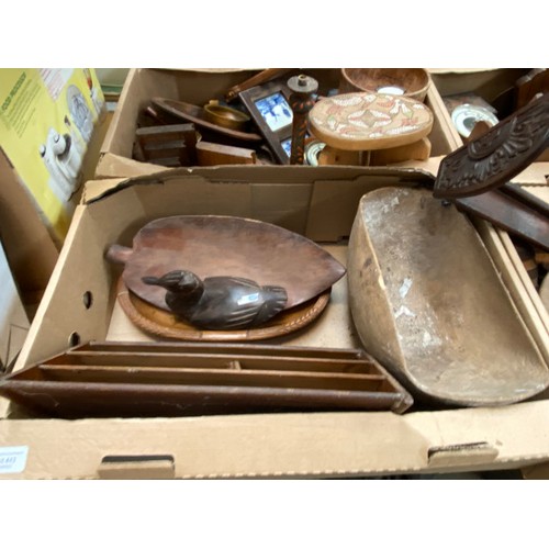 443 - 6 boxes of treen, including bowls, letter rack, glove box, book trough, candle holder etc