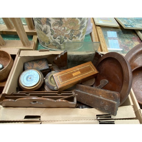 443 - 6 boxes of treen, including bowls, letter rack, glove box, book trough, candle holder etc