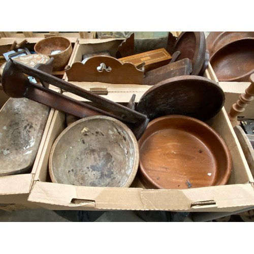 443 - 6 boxes of treen, including bowls, letter rack, glove box, book trough, candle holder etc