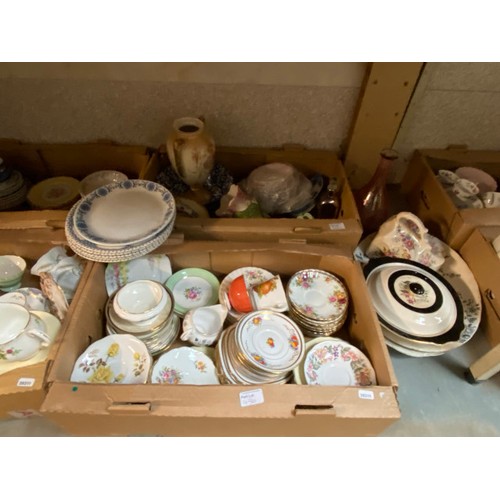 436 - 9 boxes of vintage ceramics inc. part tea sets, cake plates inc. Royal Albert, Royal Stafford, Aynsl... 